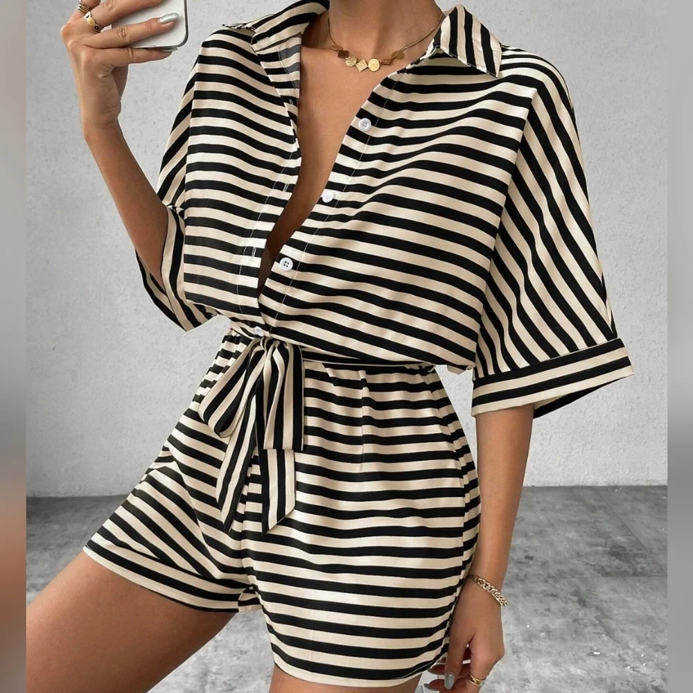 Tan Striped Tie Waist Romper - Picture 6 of 8